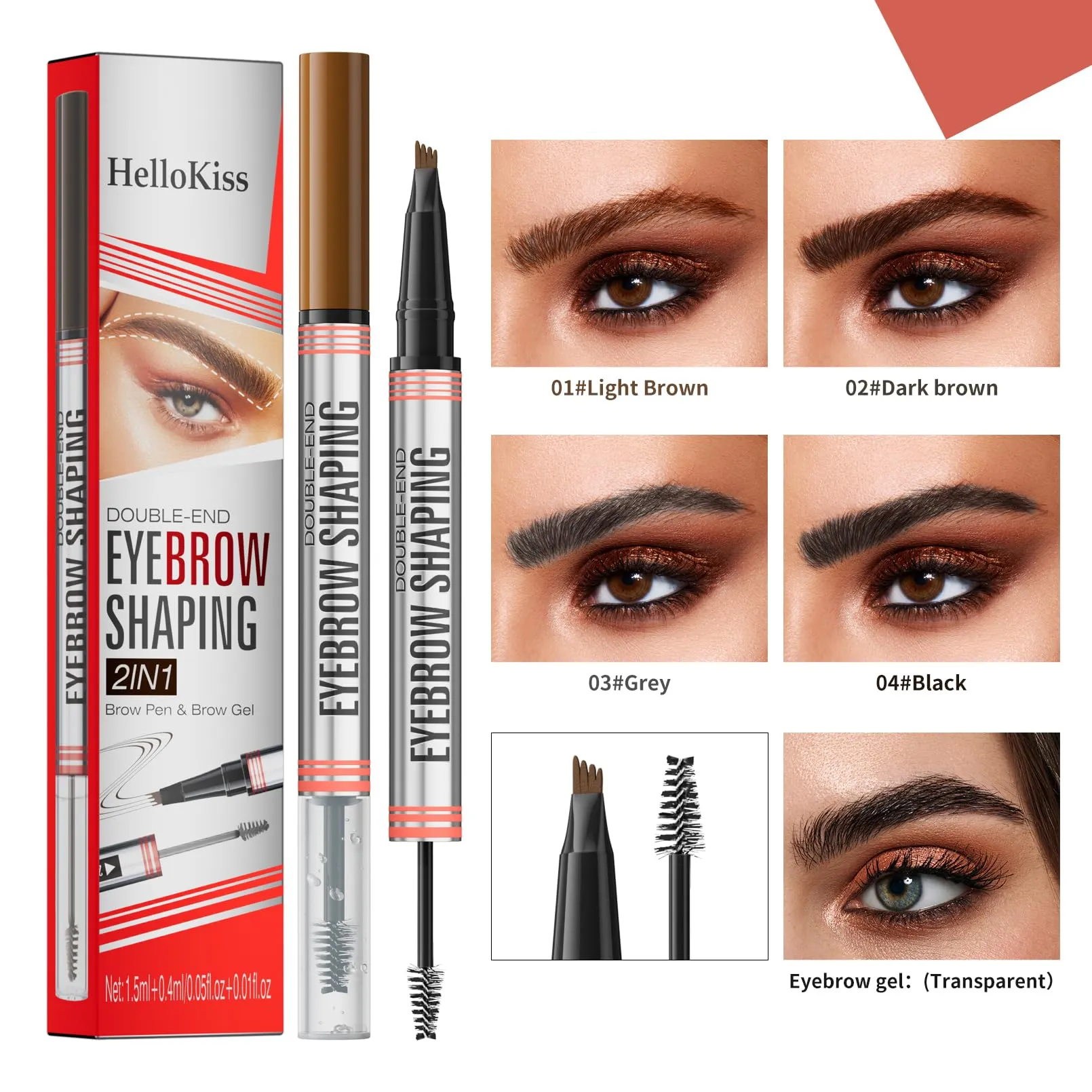 9705 2in1 Hilibrand 4-Pronged Dual-Ended Eyebrow Pencil&Eyebrow Gel, 4-Pronged Ultra-Fine Realistic Eyebrow Pencil End, Eyebrow Setting Wax End, Waterproof, Sweatproof, Long-Lasting (2#Dark Brown)