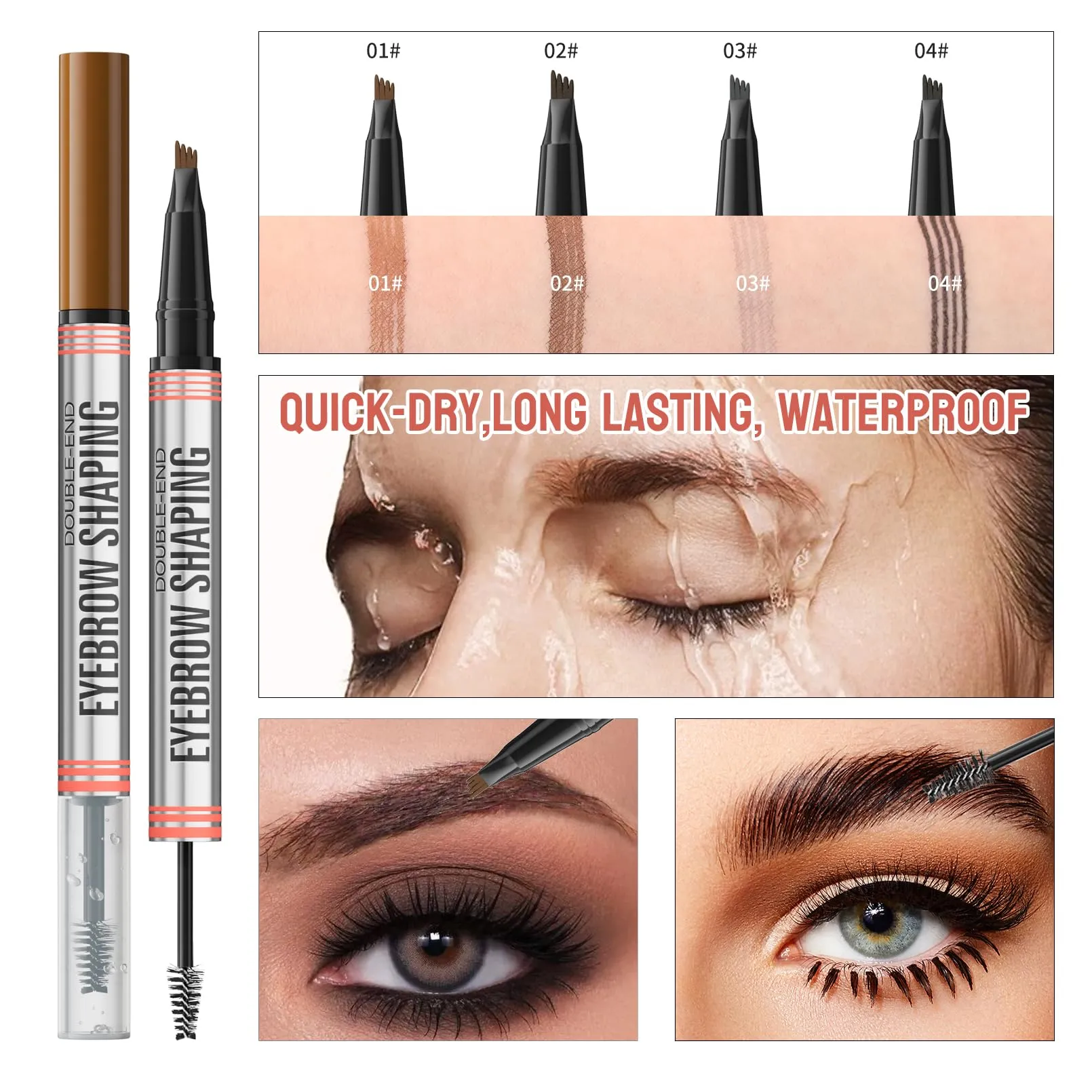 9705 2in1 Hilibrand 4-Pronged Dual-Ended Eyebrow Pencil&Eyebrow Gel, 4-Pronged Ultra-Fine Realistic Eyebrow Pencil End, Eyebrow Setting Wax End, Waterproof, Sweatproof, Long-Lasting (2#Dark Brown)