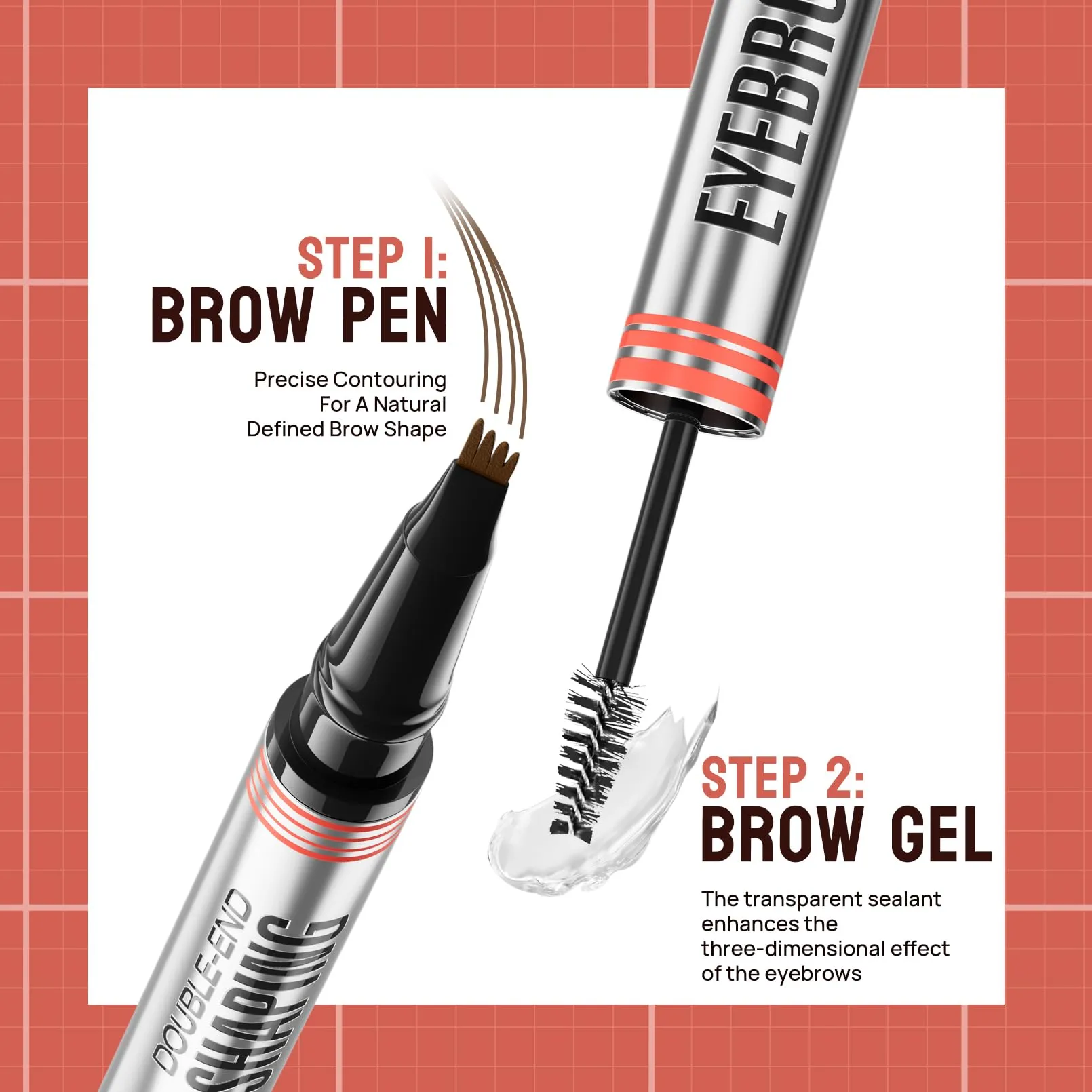 9705 2in1 Hilibrand 4-Pronged Dual-Ended Eyebrow Pencil&Eyebrow Gel, 4-Pronged Ultra-Fine Realistic Eyebrow Pencil End, Eyebrow Setting Wax End, Waterproof, Sweatproof, Long-Lasting (2#Dark Brown)