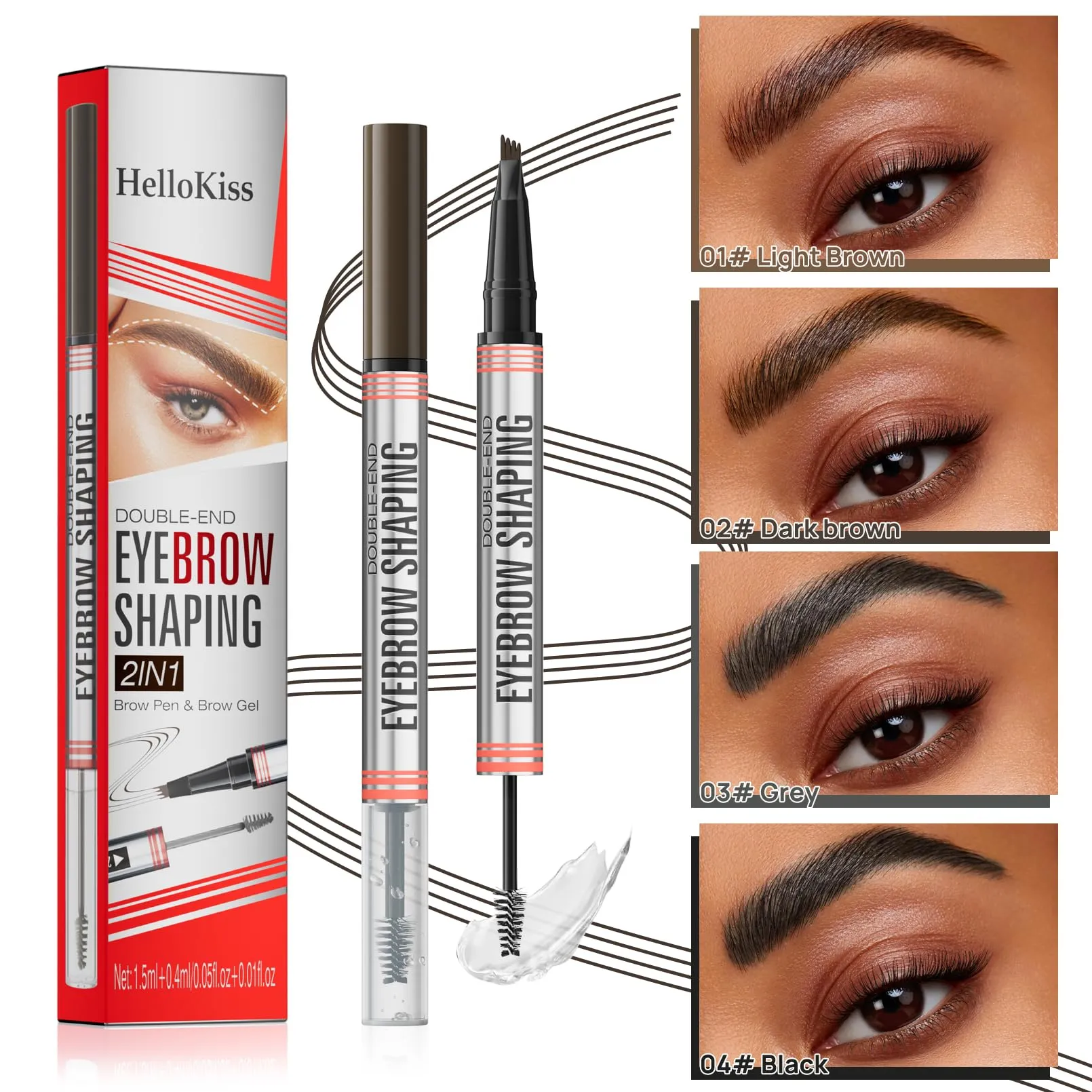 9705 2in1 Hilibrand 4-Pronged Dual-Ended Eyebrow Pencil&Eyebrow Gel, 4-Pronged Ultra-Fine Realistic Eyebrow Pencil End, Eyebrow Setting Wax End, Waterproof, Sweatproof, Long-Lasting (2#Dark Brown)