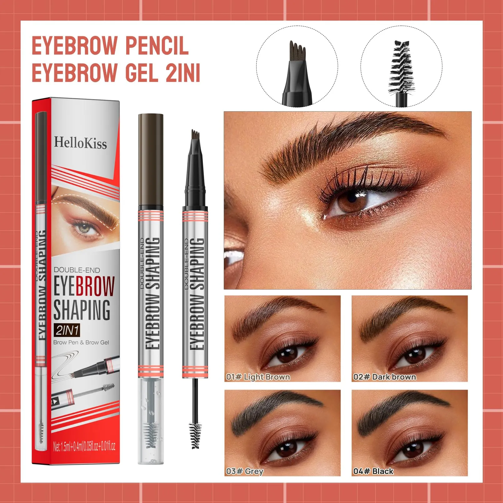 9705 2in1 Hilibrand 4-Pronged Dual-Ended Eyebrow Pencil&Eyebrow Gel, 4-Pronged Ultra-Fine Realistic Eyebrow Pencil End, Eyebrow Setting Wax End, Waterproof, Sweatproof, Long-Lasting (2#Dark Brown)