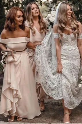 A Line Off the Shoulder Chiffon Cheap Two Pieces Backless Bridesmaid Dresses SWK15492