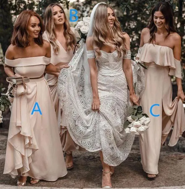 A Line Off the Shoulder Chiffon Cheap Two Pieces Backless Bridesmaid Dresses SWK15492