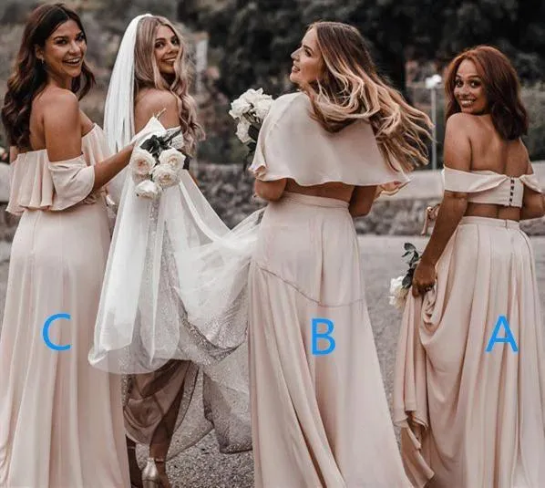 A Line Off the Shoulder Chiffon Cheap Two Pieces Backless Bridesmaid Dresses SWK15492
