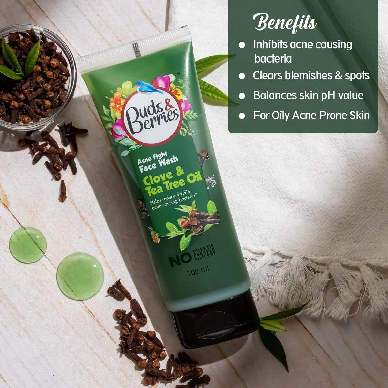 Clove and Tea Tree Oil Acne Fight Face Wash | Clears Blemishes and Spots | pH Balanced Gentle Facewash | No Sulphate, No Paraben (100 ml)