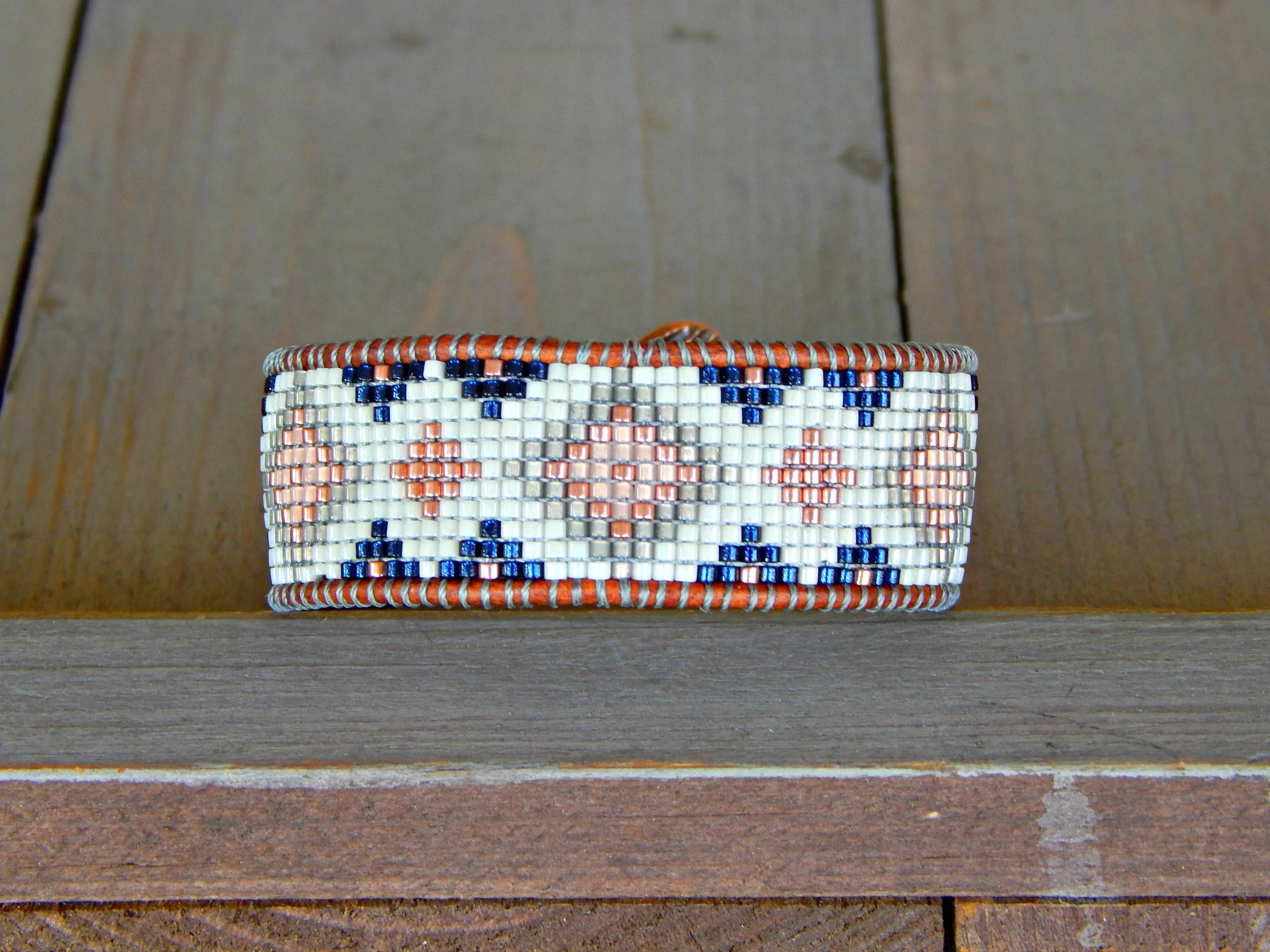 Copper, Navy, Blush, Gray Diamond Bead Loom Woven Leather Bracelet