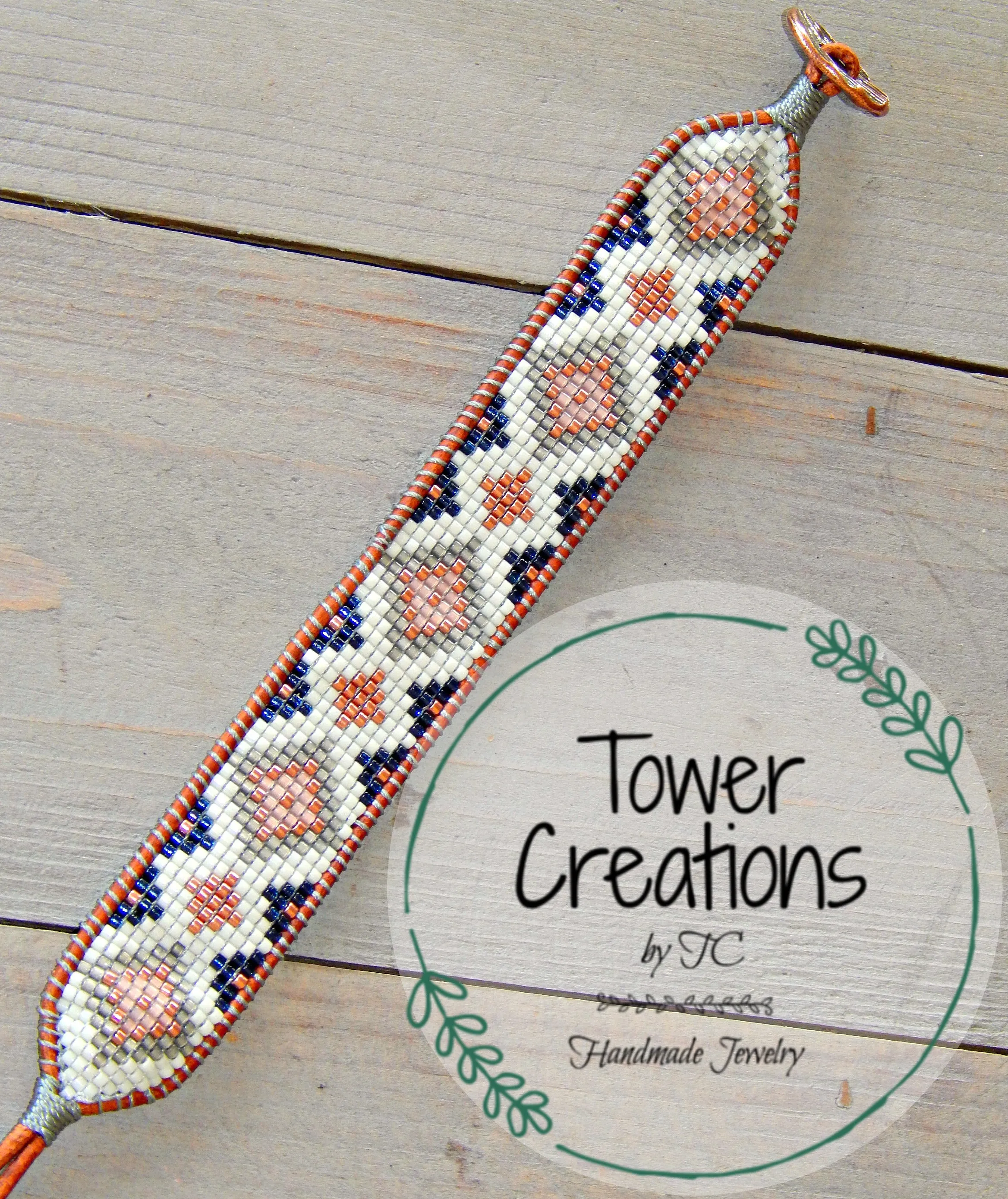 Copper, Navy, Blush, Gray Diamond Bead Loom Woven Leather Bracelet